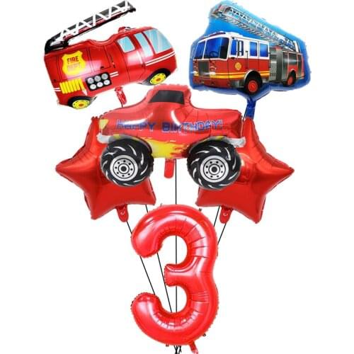 6pcs Firetruck 3rd Birthday Balloon Kit 32inch Digital Foil Ballons Fireman Happy Birthday Party Firefighter Bday Party Supplies
