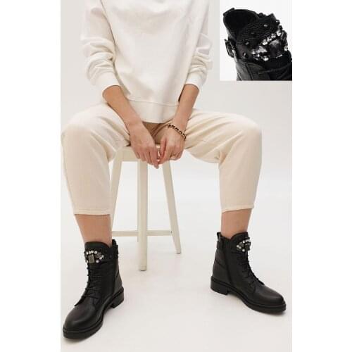 2020 new Season Black Women 'S 100% Genuine Leather Postal Boots White Cubic Zirconia Fancy Fashion Elegant Tasarm Durable for your Daily Attention of the Lighter attractive