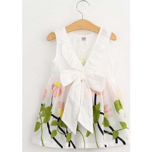 2021 New Summer Girls' Dress Korean Fresh Big Bow V-neck Embroidered Leak-back Dress Cute Childrens Baby Kids Girls Clothing