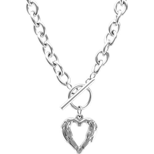 100% Stainless Steel Angel Wings Heart Toggle Necklaces For Women 8mm Metal Heavy Duty Chunky Chain Choker Necklace Collar