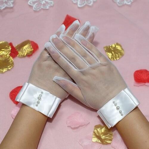 Women White Sheer Short Gloves Ladies Elegant Party Dance Gloves Summer Breathable Driving Gloves Sexy Mitten with Pearls