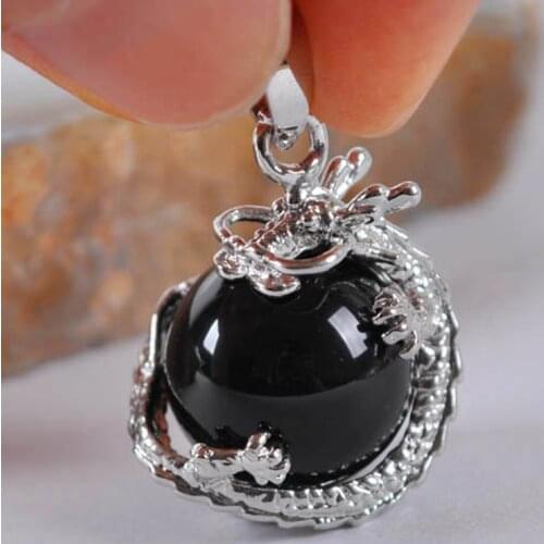 Men Women Dragon Twining Jewelry Gift Natural Black Onyx Stone Round Bead Pendant For Necklace K1901
