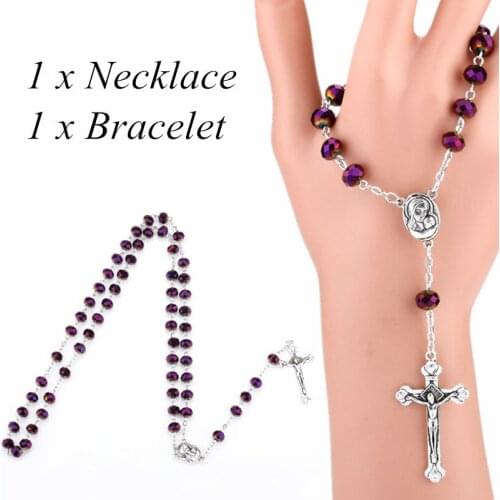 Religious Prayer Women Crystal Glass Maria Center Purple Bead Cross Rosary Necklace Bracelet Set
