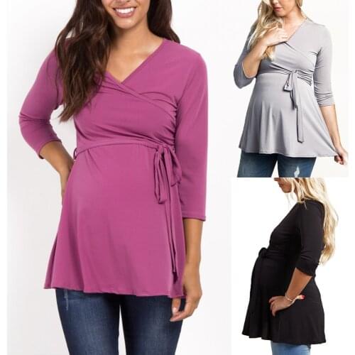 Maternity Shirts Long Sleeve V-Neck Pregnant Blouses Casual Tunic Breastfeeding Comfortable Fit Tops Ropa De Maternidad