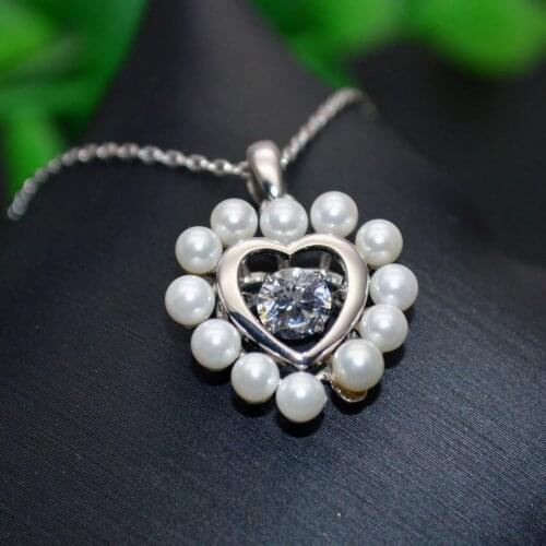 S925 Sterling Silver Flashing CZ Setting Freshwater Pearl Heart Pendant Necklace Fashion Women Lovers Gift Jewelry