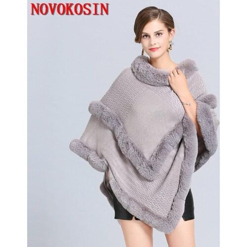 SC385 2019 Winter Women Fake Fox Fur Plus Size Triangle Sweaters Shawl Knitted Poncho O Neck Fur Striped Cape Loose Pullovers