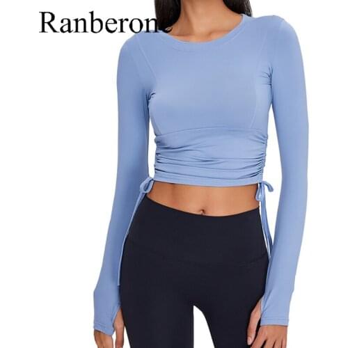 Ranberone Long-Sleeved Fitness Top Female T-shirt Side Adjustable Bandage Womens Yoga Crop Top Gym Clothes Quick Dry Sportswear