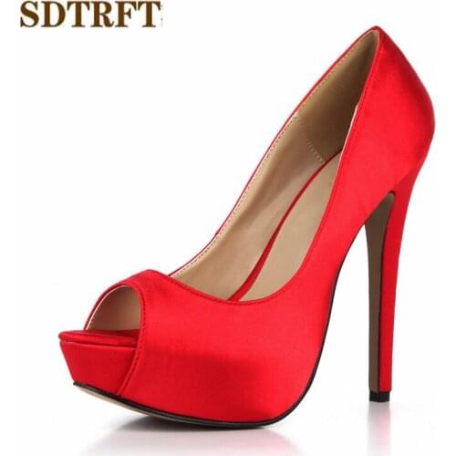 SDTRFT Summer Stilettos zapatos mujer 14cm Thin High Heeled Peep Toe RED shoes woman sexy Lady Platforms Bridal pumps Plus:35-43
