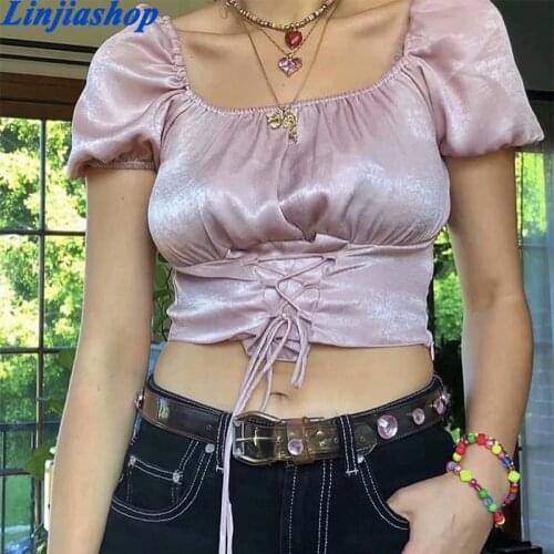 Vintage Pink Silk-like Camis Satin Fabric Ropa Mujer Fashion Off Shoulder Tank Top Women Harajuku Bandage