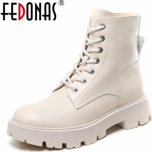 FEDONAS Ins Hot Women Ankle Boots Genuine Leather Fashion Thick Heels Lace-Up Shoes Woman Winter Outdoor Casual Motorcycle Boots