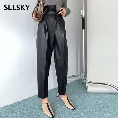 SLLSKY PU Leather Harem Pants For Women Spring High Waist Ankle Length Trousers Female Fashion Black Casual New Clothing 2021