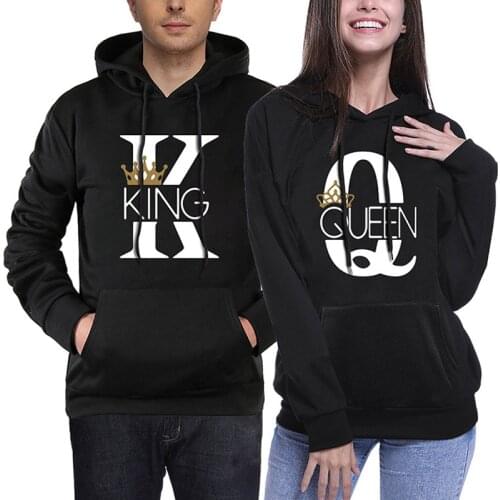 Women QUEEN Crown Print Hooded Sweatshirts Female Pullover Tops KING QUEEN K Q Couple Hoodies