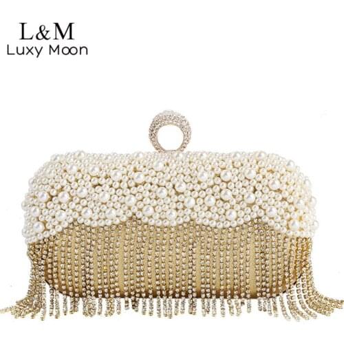 Women Beaded Pearl Day Clutch Bag Wedding Tassel Diamond Luxury Designer Handbag Gold Silver Party Banquet Evening Bag Sac X553H