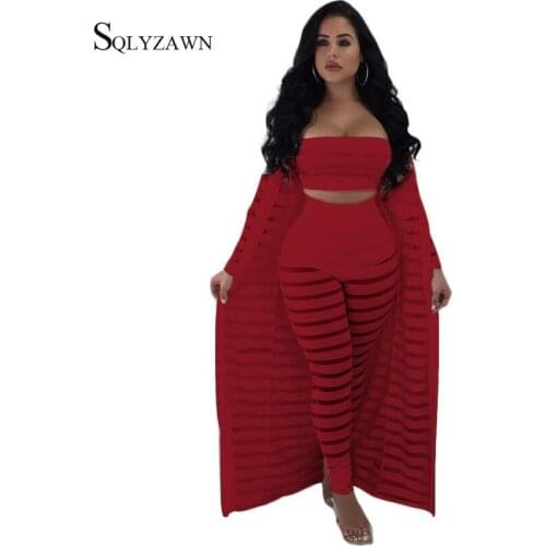 Women Sexy Mesh Hollow Out Stripe 3 Piece Set Maxi Tube Crop Top + Cape Cardigan + Transparent Pants Red Black Matching Outfit