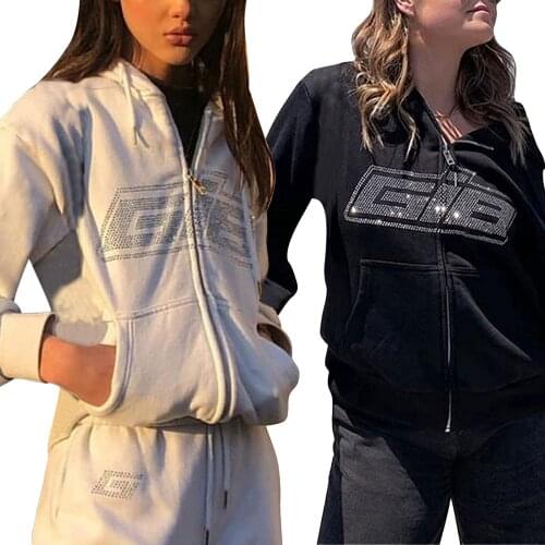 Black White Y2K Tops Womens Rhinestone Letter Print Long Sleeve Sweatshirt Hoodis Zipper Loose Coat jackets for women hooded