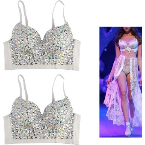 Nangjian Women Sexy AB Colored Rhinestone Bustier Crop Top Spaghetti Strap Push Up Bralette Glitter Club Party Corset Bra Vest