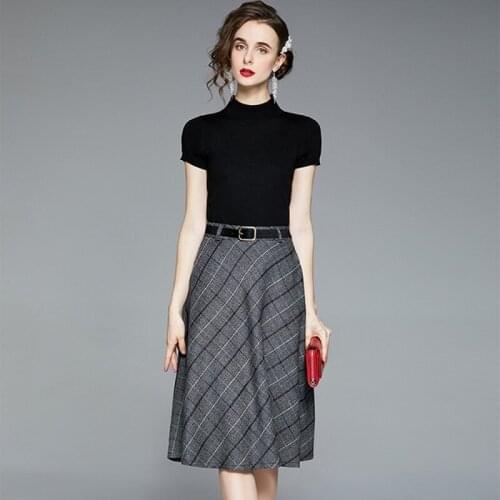 2021 Spring Summer Women Fashion Black Turtleneck Knitted Top + Hight Waist Plaid A Line Skirt Casual Two Piece Set Whit Belt