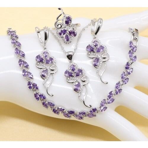 Purple Jewelry Sets Cubic Zirconia Sterling Silver Color Trendy Pendant Necklace Earring Bracelet Ring for Ladies Fashion Gift