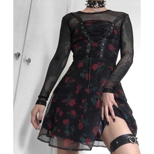 Gothic Autumn Sexy Punk Woman High Waist A Line Dress Vintage Goth Dark Bandage Flower Print Mesh Y2K Chiffon Dress Alt Clothes