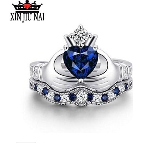 2-color 2-piece/pc Punk Sea Heart Black-and-white engagement double-ring Suit Blue cubic zirconia crown ring gift