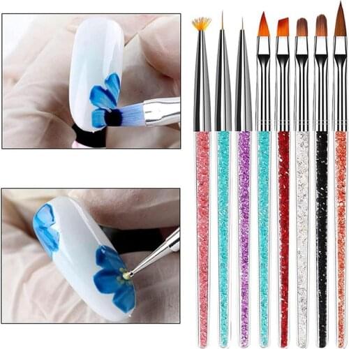 8pcs Nail Art Crystal Brush Flower Fan-Shaped Blooming Pen Manicure Drawing Line Carved Phototherapy Pen Manicure Nail Brush