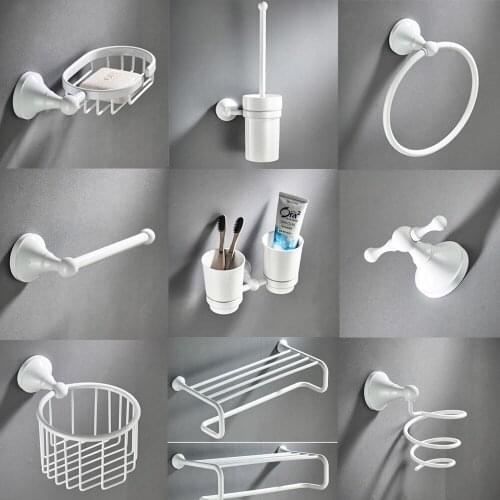 White Bathroom Hardware Accessories Brass Set Toilet Brush Holder Double Cup Holder Double Towel Bar Towel Ring Hair Dry Holder