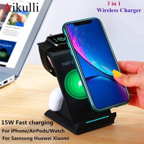 15W Wireless Charger 3 in 1 Fast Charging Stand for iPhone 11Pro Apple Watch Series 5 4 Airpods 2/Pro For Samsung Huawei Charge