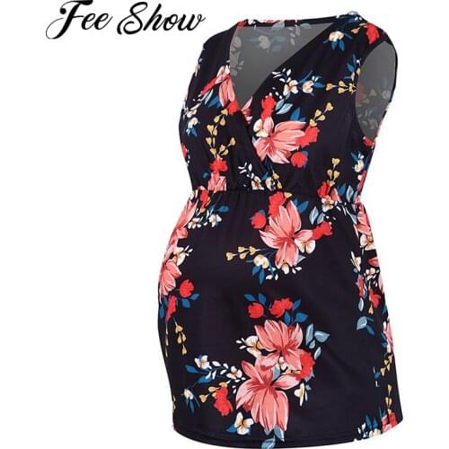 Maternity Blouses Summer Fashion V-Neck Sleeveless Floral Print T-Shirts Clothes for Pregnant Women Elegant Pregnancy Shirt Tops