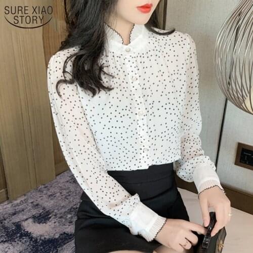 Spring Vintage Chiffon Blouse Polka Dot Shirts Women 2021 Early Autumn Stand-Collar Long Sleeve Womans Blouses Cardigan