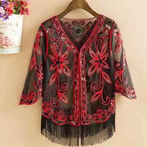 Summer Handmade Crochet Lace Mesh Shrug Bolero Women Embroidery Sequins Beading Tassel Feminino Short Oversized Tops Poncho 7839