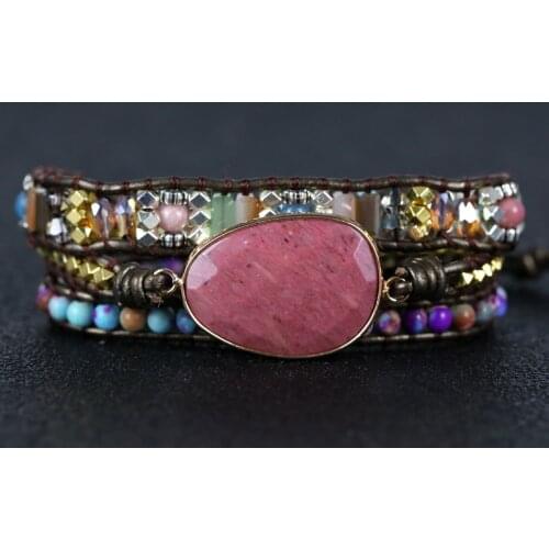 Exclusive natural stone Leather Wrap Bracelet Multi Color Bohemian Beads Crystal Weaving wrap Bracelet lovers jewelry Gifts