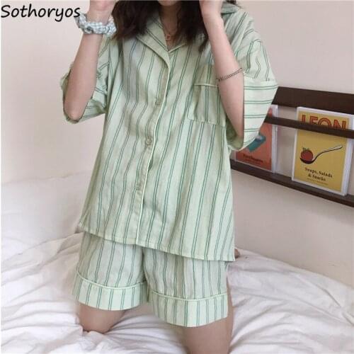 Women Striped Pajama Sets Fresh Color Loose Couple Sleepwear Soft Korean Style Females Lounge Home Fashion Students Short Sleeve
