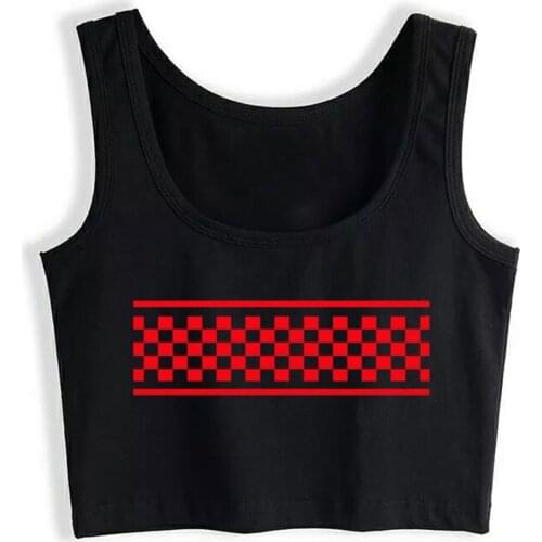 Crop Top Sport Red Checker Pattern Checkerboard Skater Surfer Sty Comic Inscriptions Custom Tops Women