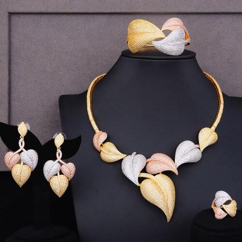 LARRAURI New Luxury Geometry Leaf Statement Jewellry Set Charms Women Wedding Cubic Zirconia Dress Necklace Earring Jewelry Sets