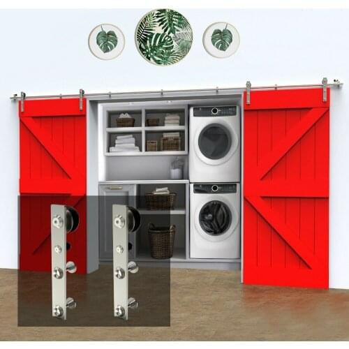 LWZH 4-9.6FT J-Shaped Silver Modern Stainless Steel Puerta Corredera Wooden and Glass Sliding Door Hardware Kit for Double Door