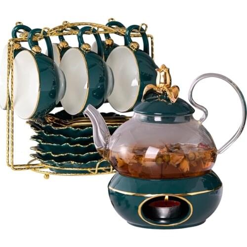 600ml Green Golden Glass Teapot Set Ceramic Lid Base Warm Candle Holder Tea Pot Cup And Saucer Water Flower Kettle Wholesale