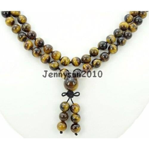 Natural Tigers Eye 8mm Gems Stone Buddhist 108 Beads Prayer Mala Knot Necklace Multi-Purpose 5Strands/Pack
