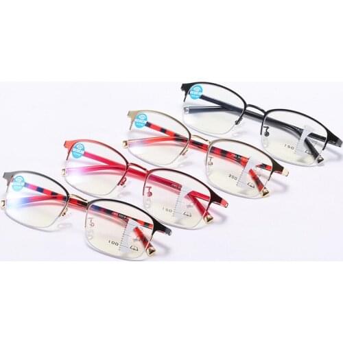 Elbru TR Anti-Blue Light Multiple Focus Reading Glasses Metal Half Frame Business Type HD Presbyopic Glasses +1.0 to +4.0