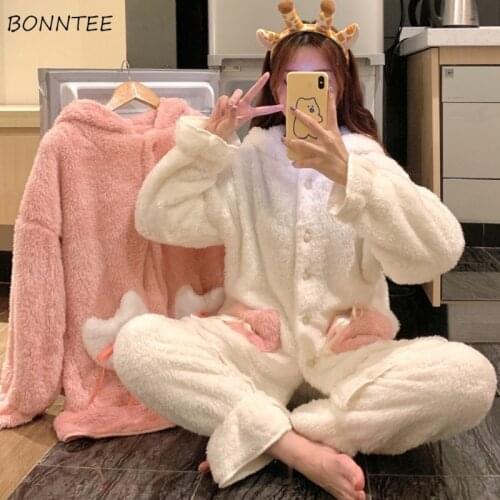 Pajama Sets Women Sweet Warm Plus Velvet Thicker Coral Fleece Mujer Clothing Soft Cute Lounge BF Sleepwear Winter Pink 2 Piece