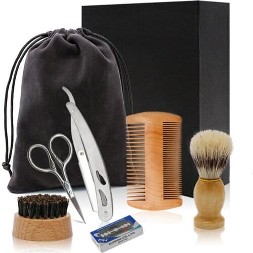 Professional Mens Beard Grooming Kit With Hair Brush Wood Comb Haircut Razor Beard Trimming Scissors Set Classic Beard Care Set