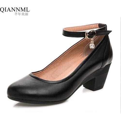 Plus Size 33-43 Womens Genuine Leather Shoes 2021 Spring Black Block Heels Pumps lADIES OL Work Footwear
