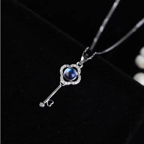 Solid 925 Sterling Silver Blue Natural Moonstone Key Pendant/natural moonstone necklace/925 silver moonstone necklace