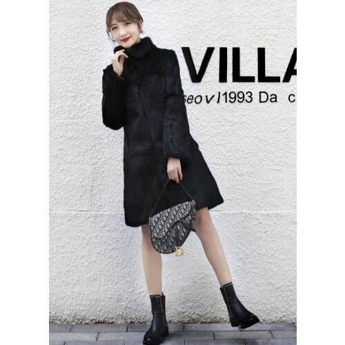 Real genuine natural rabbit fur coat womens stand collar 70CM length jacket lady fashion fur outwear custom any size
