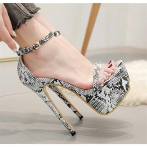 Women sandals PU Buckle Strap 16cm Thin Heels High heels Round Toe waterproof Serpentine Shallow sandal women shoes size 35-42