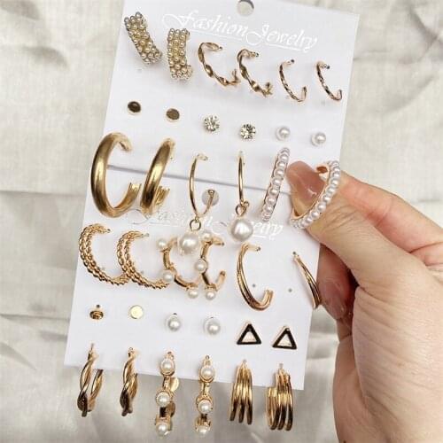 DEIZI Trendy Gold Metal Earrings Set For Women Girls Fashion Geometric Pearl Circle Drop Earrings 2021 New Earrings Jewelry