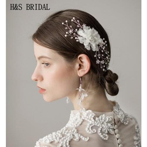 H&S BRIDAL Silver Organza Flora Bride Headband Rhinestone Hair Jewelry Bridal Headpieces Wedding hair accessories sieraden