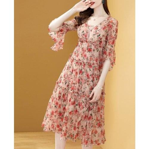 Abrini Women V-Neck A-Line Fairy Elegant Dress Pink Floral Printed Chiffon Dress Pleated Flare Sleeve High Waist For Women 2021