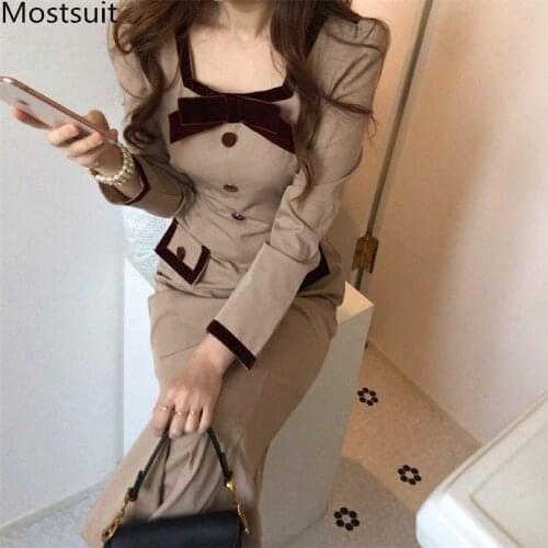 Korean Vintage Bow Women Long Mermaid Dress 2020 Autumn Winter Long Sleeve Square Collar Color-blocked Elegant Ladies Vestidos