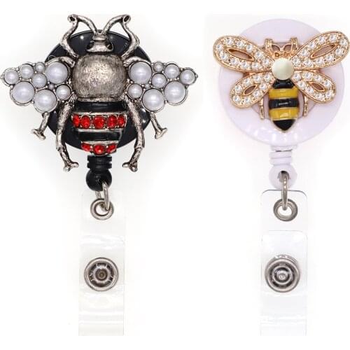 10 pieces Free Shipping Retro Honey Bee Insect Retractable Rhinestone Id Badge Holder