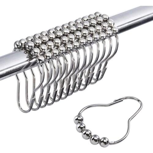 12Pcs Stainless Steel Shower Curtain Rollerball Hook Glide Bath Curtain Polished Ring Rack Anti-slip Roller Bathroom Accessories